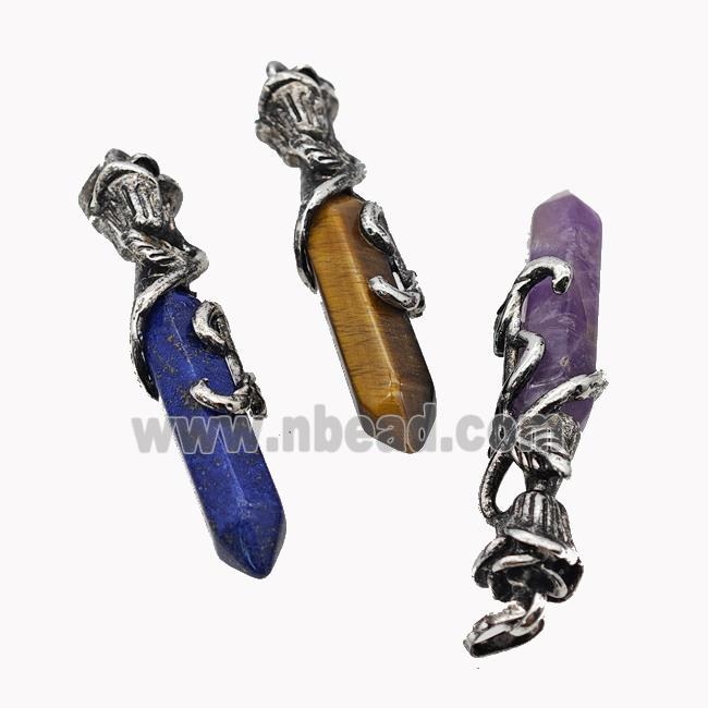 Natural Gemstone Prism Pendant Alloy Bine Antique Silver Mixed