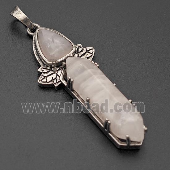 Natural Pink Rose Quartz Prism Pendant Alloy Leaf Antique Silver