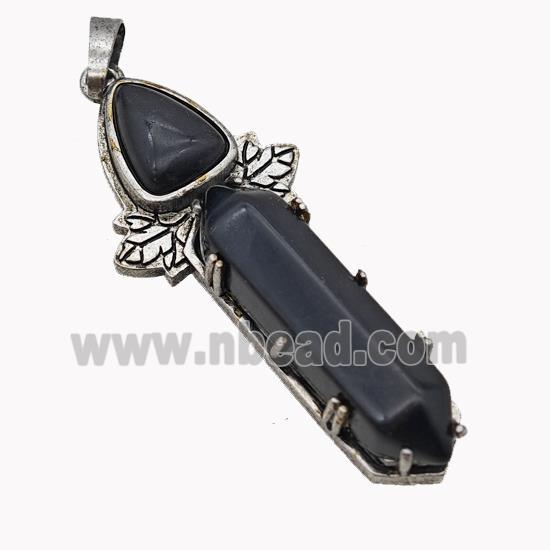 Natural Black Obsidian Prism Pendant Alloy Leaf Antique Silver