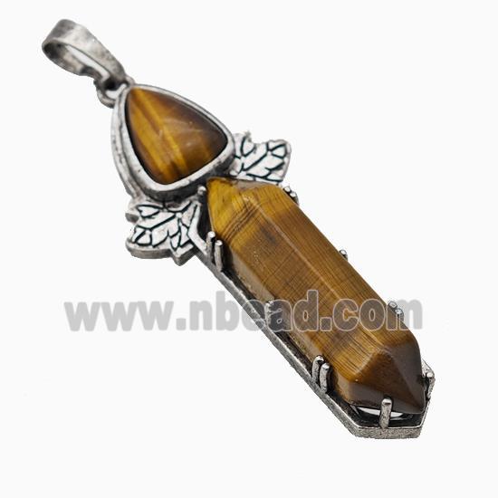 Natural Tiger Eye Stone Prism Pendant Alloy Leaf Antique Silver