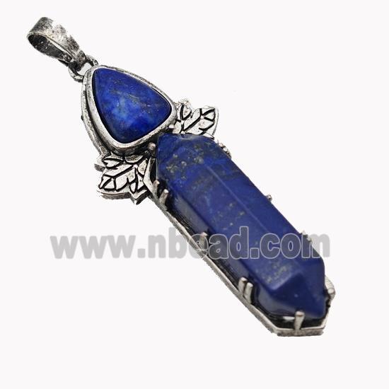 Natural Blue Lapis Lazuli Prism Pendant Dye Alloy Leaf Antique Silver