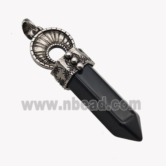 Natural Black Obsidian Prism Pendant Alloy Antique Silver