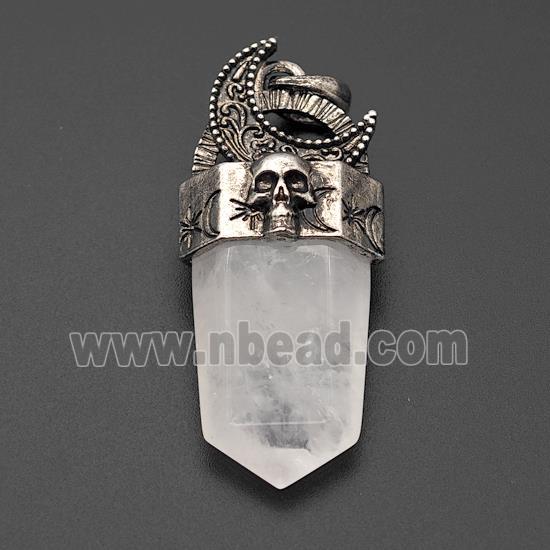 Natural Clear Quartz Prism Pendant Alloy Moon Skull Antique Silver