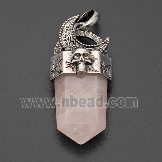 Natural Pink Rose Quartz Prism Pendant Alloy Moon Skull Antique Silver