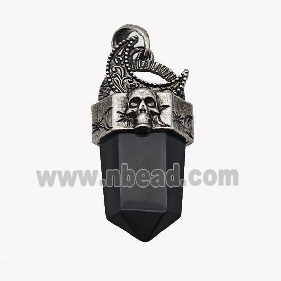 Natural Black Obsidian Prism Pendant Alloy Moon Skull Antique Silver