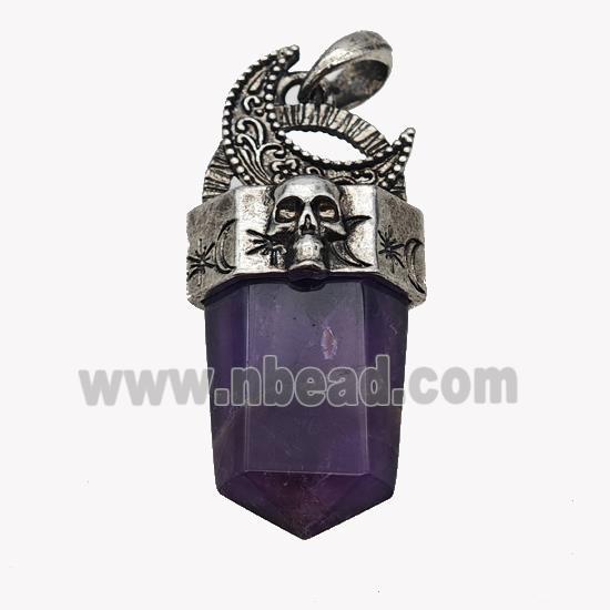 Natural Purple Amethyst Prism Pendant Alloy Moon Skull Antique Silver