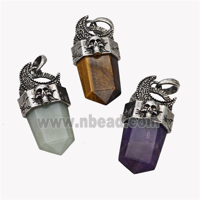 Natural Gemstone Prism Pendant Alloy Moon Skull Antique Silver Mixed