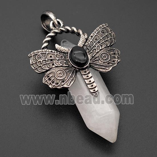 Natural Clear Quartz Prism Pendant Alloy Butterfly Antique Silver