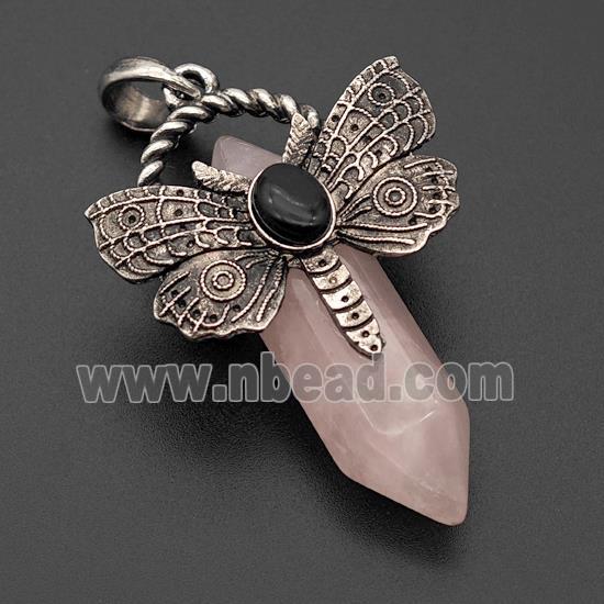 Natural Pink Rose Quartz Prism Pendant Alloy Butterfly Antique Silver