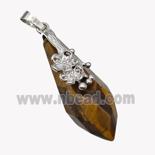 Natural Tiger Eye Stone Teardrop Pendant Alloy Flower Antique Silver