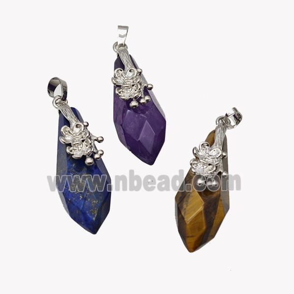 Natural Gemstone Teardrop Pendant Alloy Flower Antique Silver Mixed