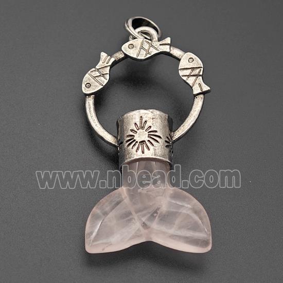 Natural Pink Rose Quartz Mermaid-tail Pendant Alloy Fish Antique Silver