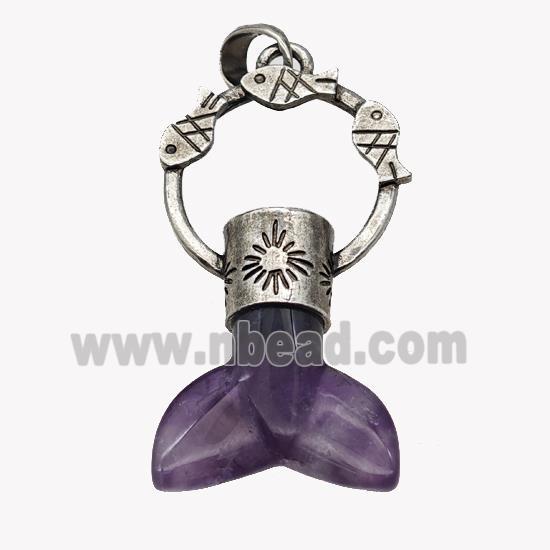 Natural Purple Amethyst Mermaid-tail Pendant Alloy Fish Antique Silver