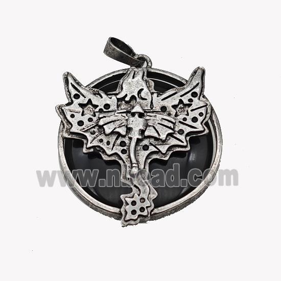 Alloy Pterosaur Pendant Pave Black Obsidian Antique Silver