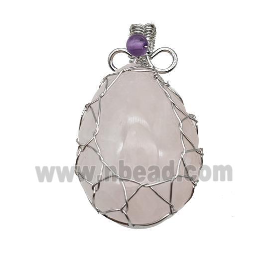 Natural Pink Rose Quartz Teardrop Pendant Copper Wire Wrapped Platinum Plated