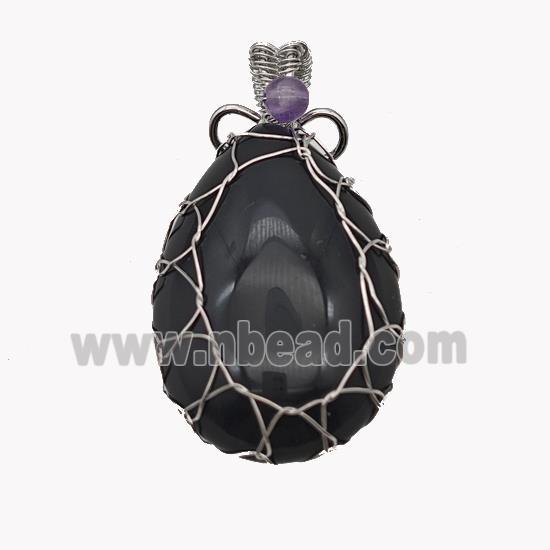 Natural Black Obsidian Teardrop Pendant Copper Wire Wrapped Platinum Plated