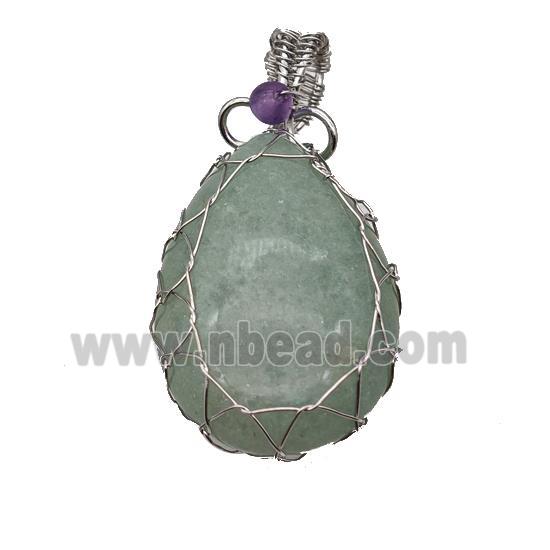 Natural Green Aventurine Teardrop Pendant Copper Wire Wrapped Platinum Plated