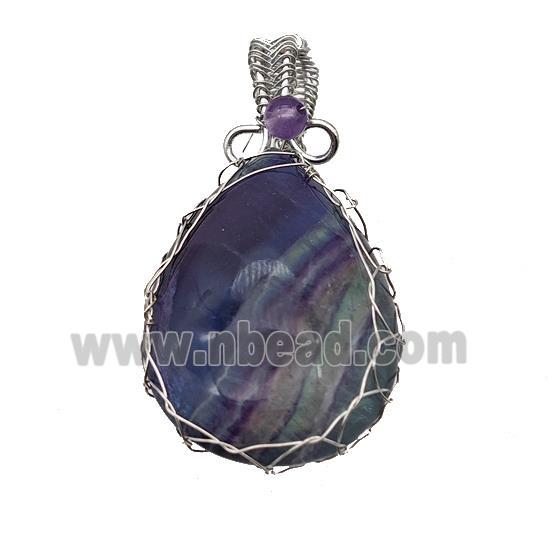 Natural Multicolor Fluorite Teardrop Pendant Copper Wire Wrapped Platinum Plated