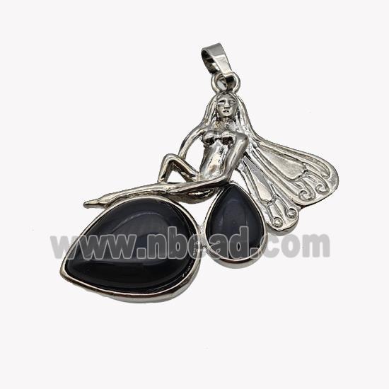 Alloy Fairy Pendant Pave Black Obsidian Platinum Plated