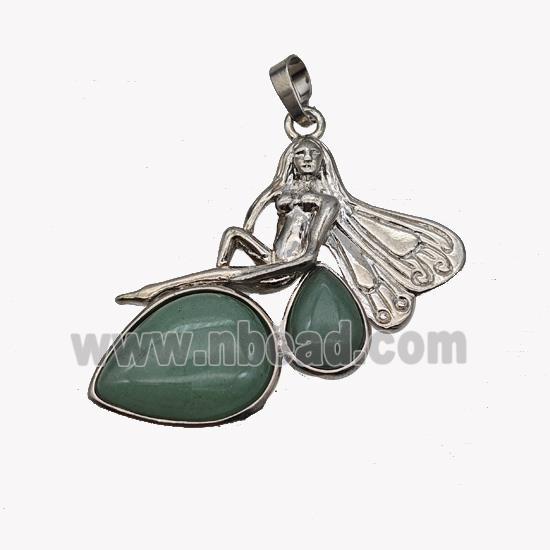 Alloy Fairy Pendant Pave Green Aventurine Platinum Plated