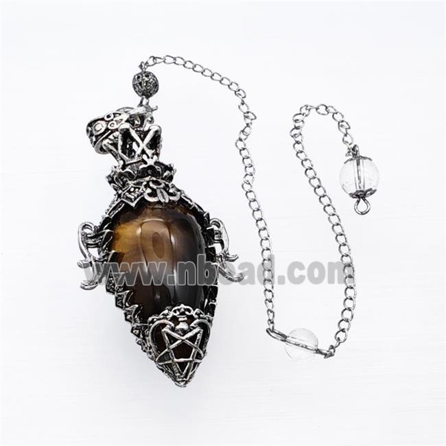 Tiger Eye Stone Alloy Pendulum Pendant With Chain Antique Silver