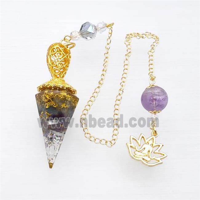 Gemstone Chips Resin Pendulum Pendant With Chain Lotus Gold Plated