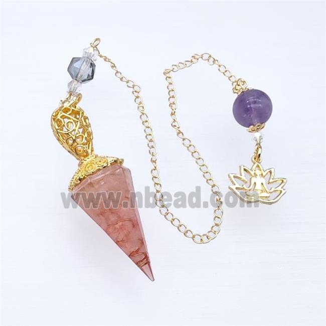 Rose Quartz Chips Resin Pendulum Pendant With Chain Lotus Gold Plated