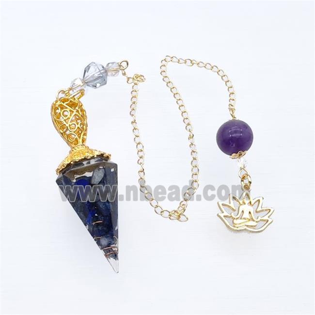 Blue Lapis Lazuli Chips Resin Pendulum Pendant With Chain Lotus Gold Plated