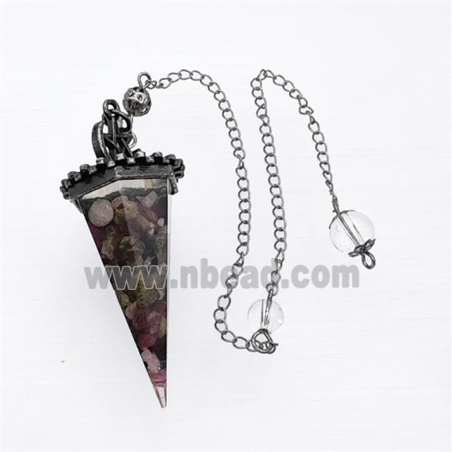 Multicolor Tourmaline Chips Resin Pendulum Pendant With Chain Antique Silver