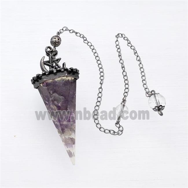 Purple Amethyst Chips Resin Pendulum Pendant With Chain Antique Silver