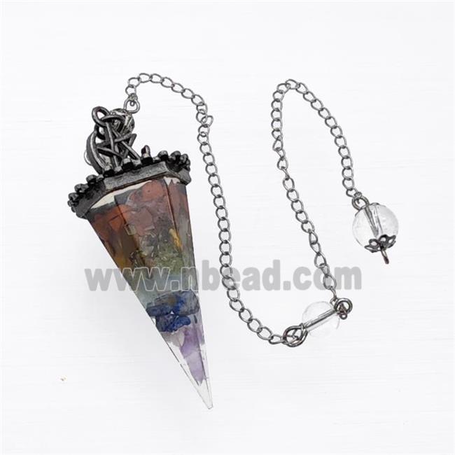 Gemstone Chakra Chips Resin Pendulum Pendant With Chain Antique Silver