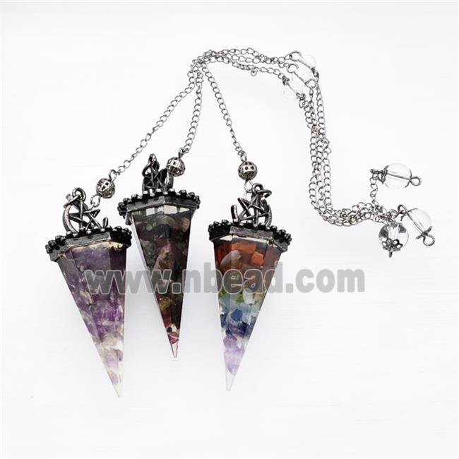 Gemstone Chips Resin Pendulum Pendant With Chain Antique Silver Mixed