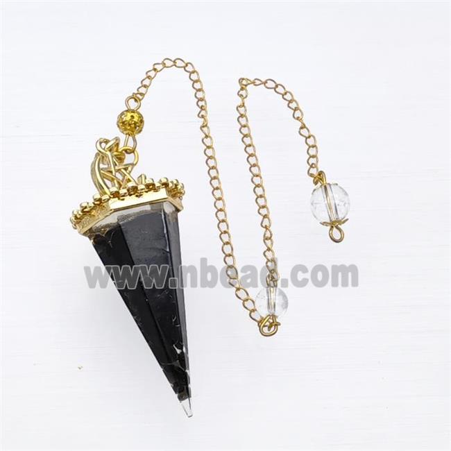 Black Obsidian Chips Resin Pendulum Pendant With Chain Gold Plated