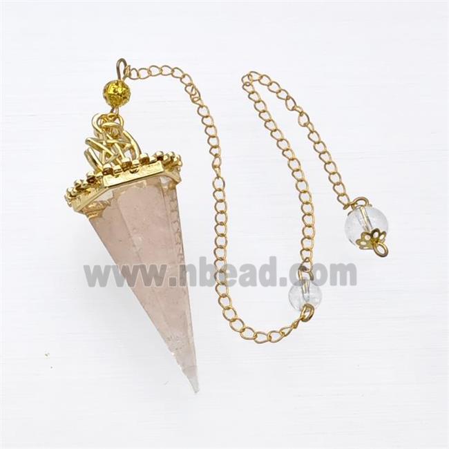 Pink Rose Quartz Chips Resin Pendulum Pendant With Chain Gold Plated