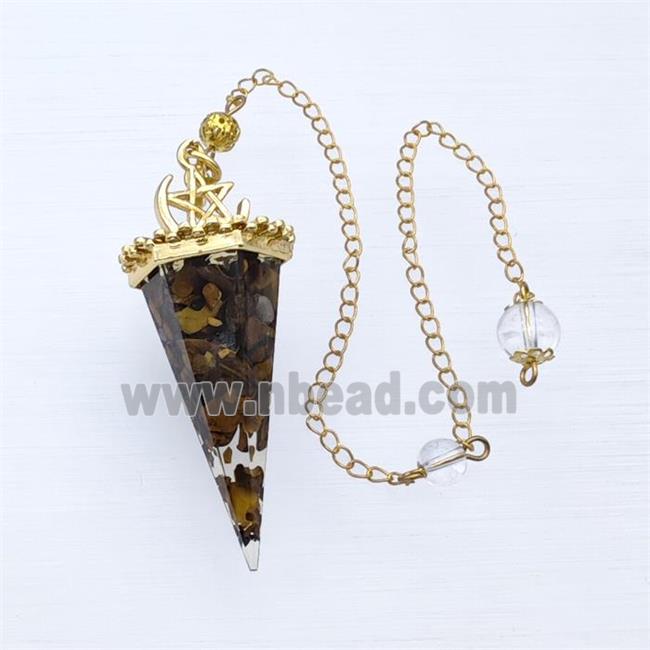 Tiger Eye Stone Chips Resin Pendulum Pendant With Chain Gold Plated