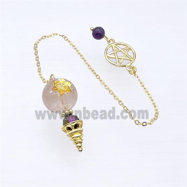 Pink Rose Quartz Sphere Pendant With Chain Star Gold Plated