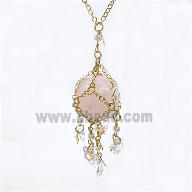 Pink Rose Quartz Sphere Necklace Copper Chain Wrapped Gold Plated