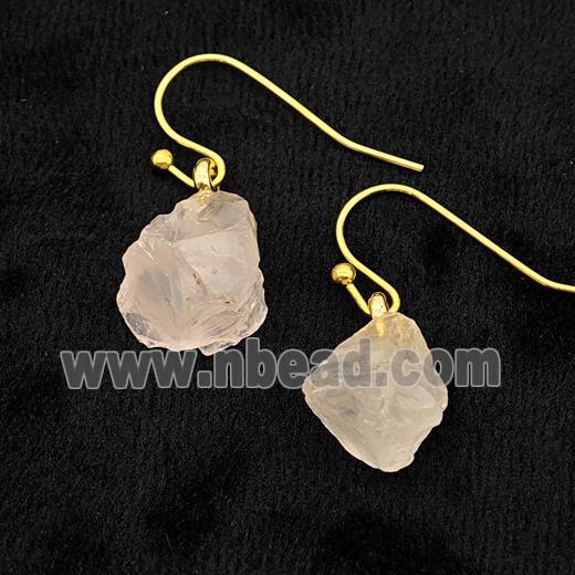 Pink Rose Quartz Nugget Copper Hook Earrings Gold Plated