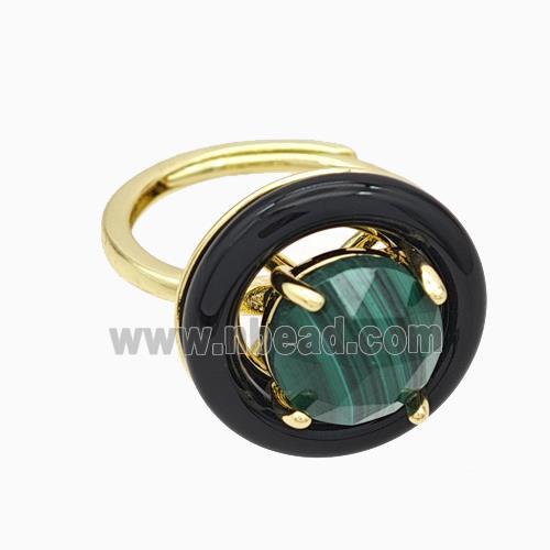 Copper Rings Pave Malachite Black Enamel Adjustable Gold Plated