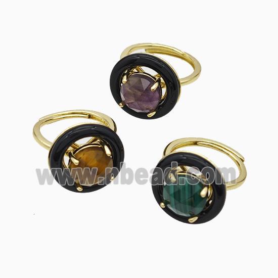 Copper Rings Pave Gemstoner Black Enamel Adjustable Gold Plated Mixed