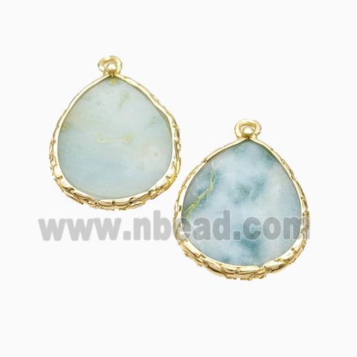 Natural Chinese Amazonite Teardrop Pendant Flat Blue Gold Plated