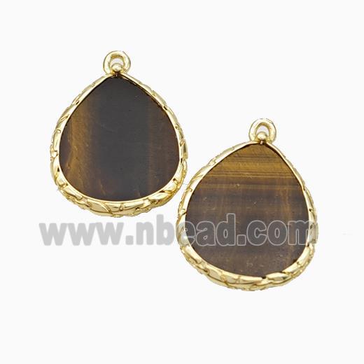 Natural Tiger Eye Stone Pendant Flat Teardrop Gold Plated