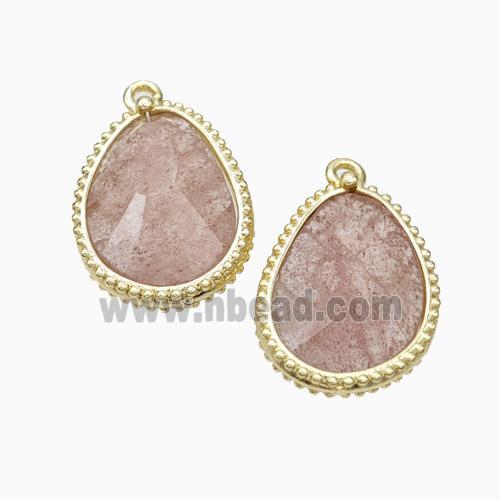 Pink Strawberry Quartz Teardrop Pendant Gold Plated