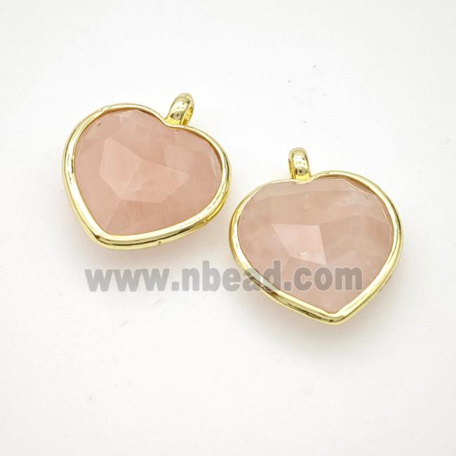 Natural Pink Rose Quartz Heart Pendant Faceted Gold Plated