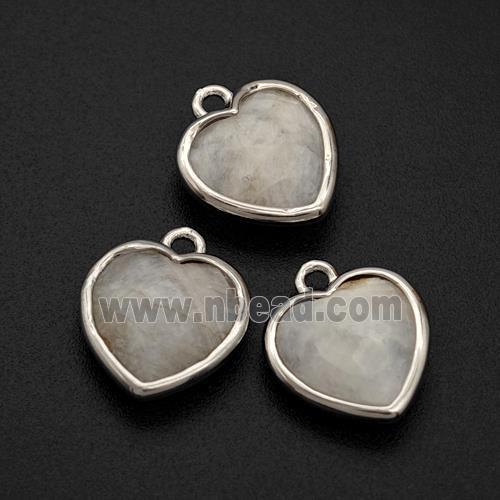 Natural White Moonstone Heart Pendant Faceted Platinum Plated