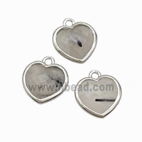 Natural Black Rutilated Quartz Heart Pendant Faceted Platinum Plated