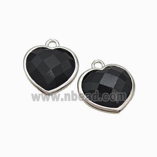 Natural Black Obsidian Heart Pendant Faceted Platinum Plated