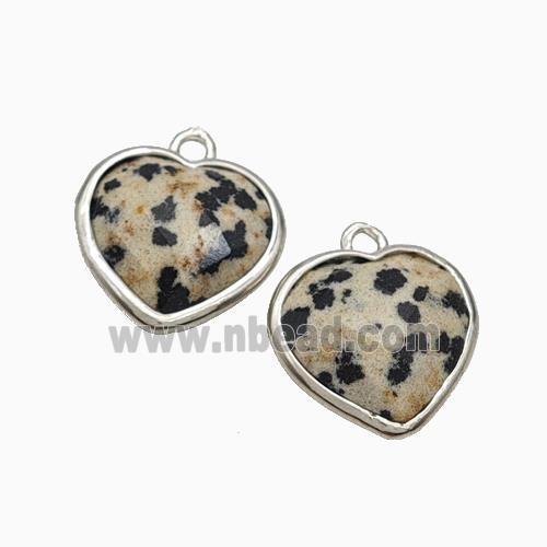 Natural Black Dalmatian Jasper Heart Pendant Faceted Platinum Plated