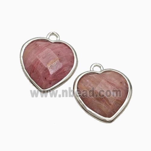 Natural Pink Wood Lace Jasper Heart Pendant Faceted Platinum Plated