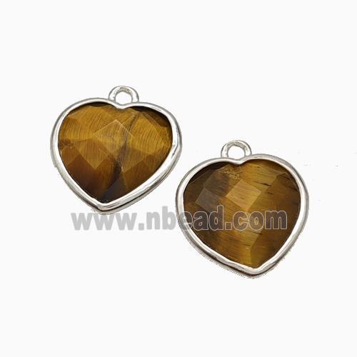 Natural Tiger Eye Stone Heart Pendant Faceted Platinum Plated